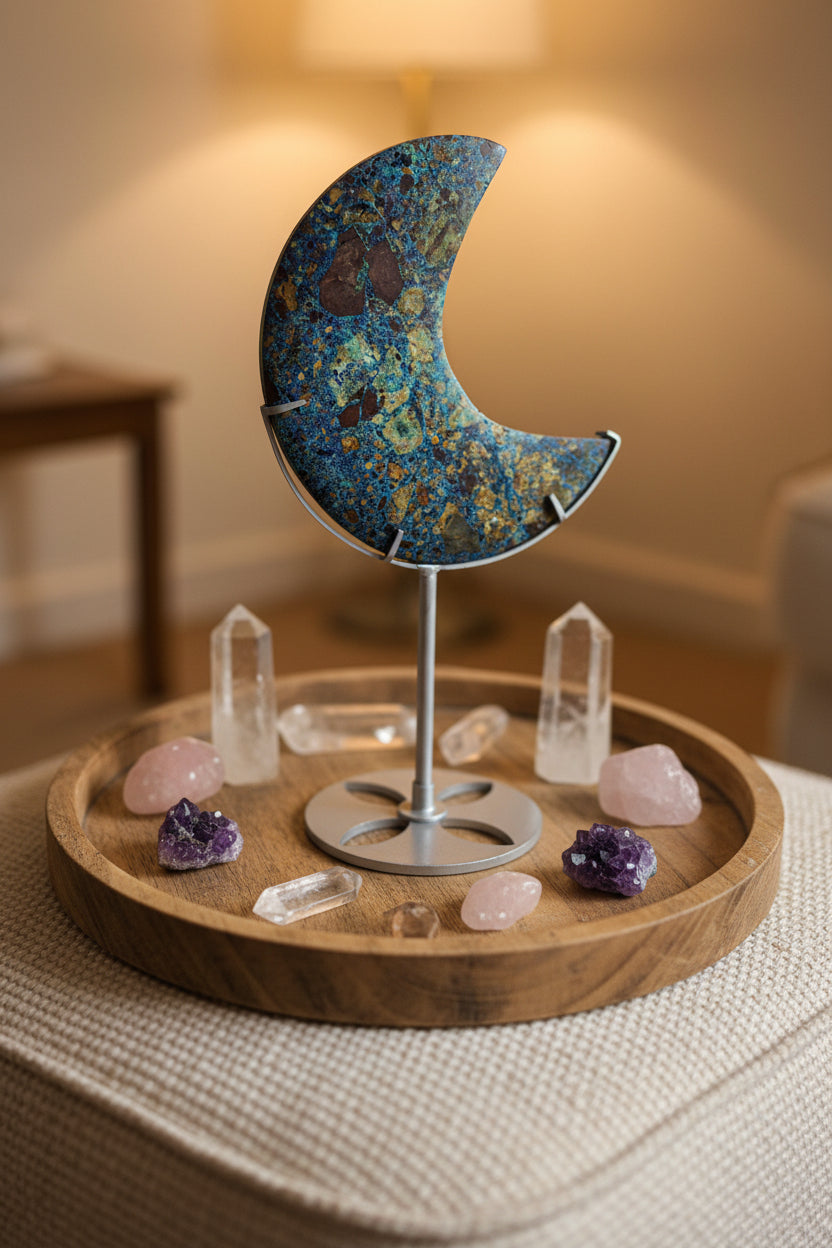 Natural Azurite Crescent Moon Carving on Stand