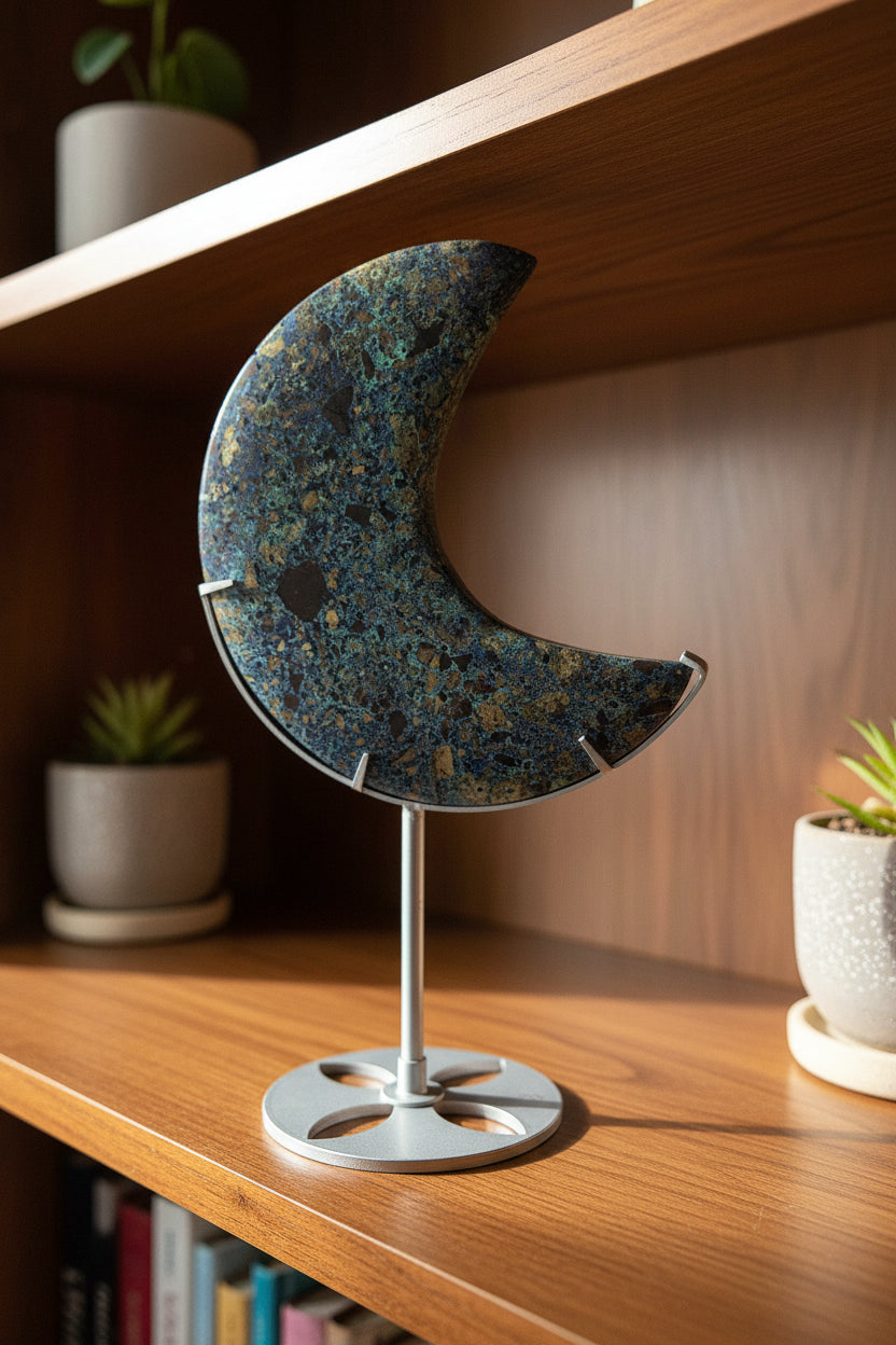 Natural Azurite Crescent Moon Carving on Stand