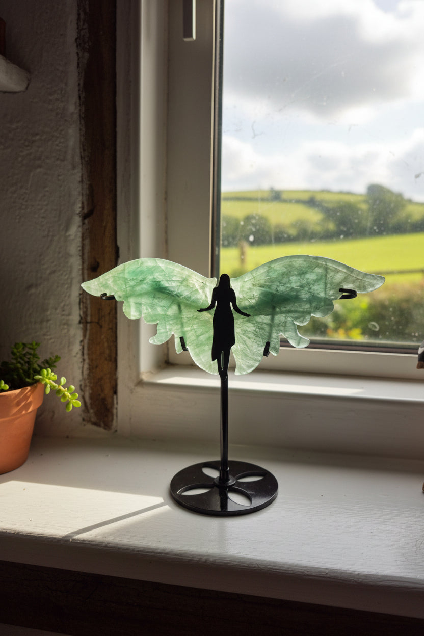 Green Fluorite Carved Angel Wings on Stand