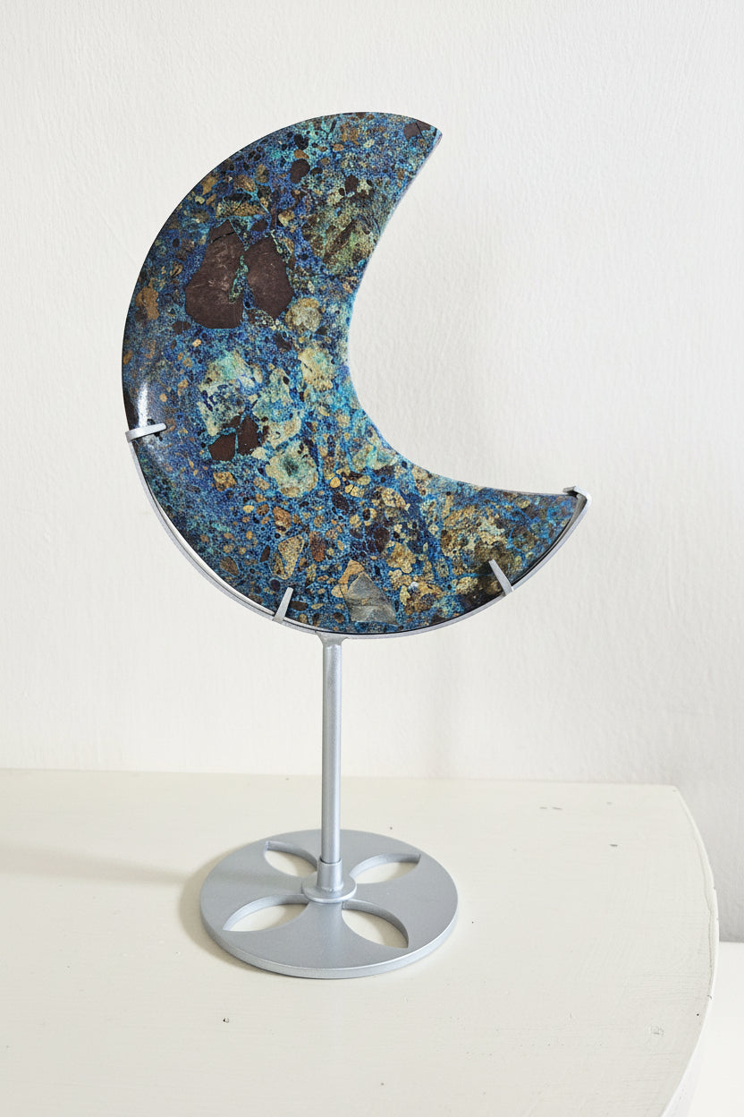 Natural Azurite Crescent Moon Carving on Stand