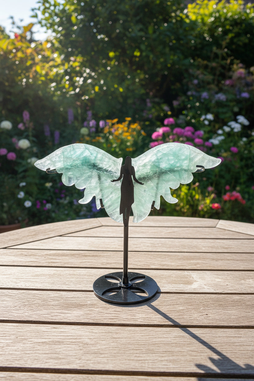 Green Fluorite Carved Angel Wings on Stand