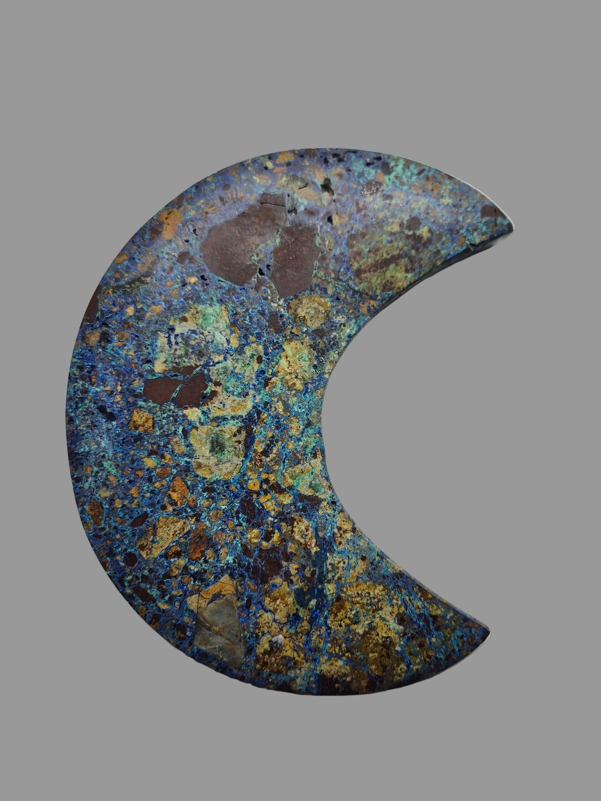 Natural Azurite Crescent Moon Carving on Stand
