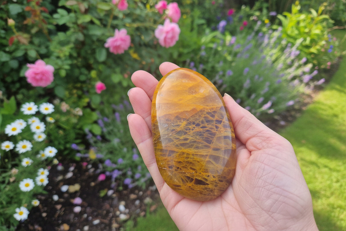XL Golden Healer Quartz Palm Stone with Rainbows | Master Healer (10cm, 208g)