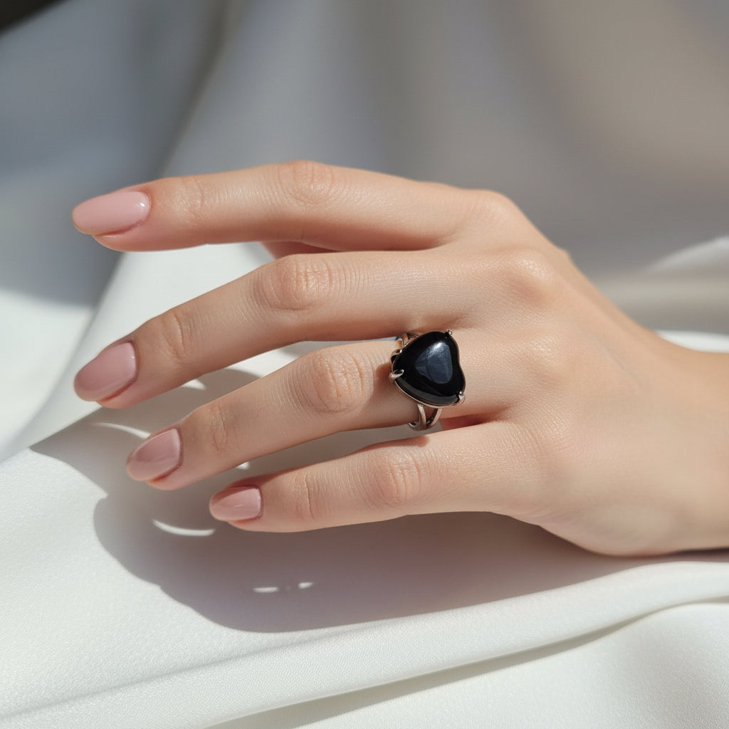 Silver-Plated Triple-Band Black Obsidian Heart Ring (Adjustable)