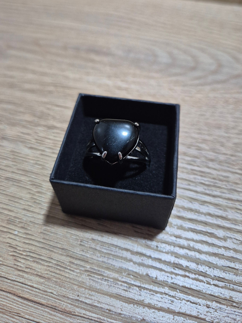Silver-Plated Triple-Band Black Obsidian Heart Ring (Adjustable)