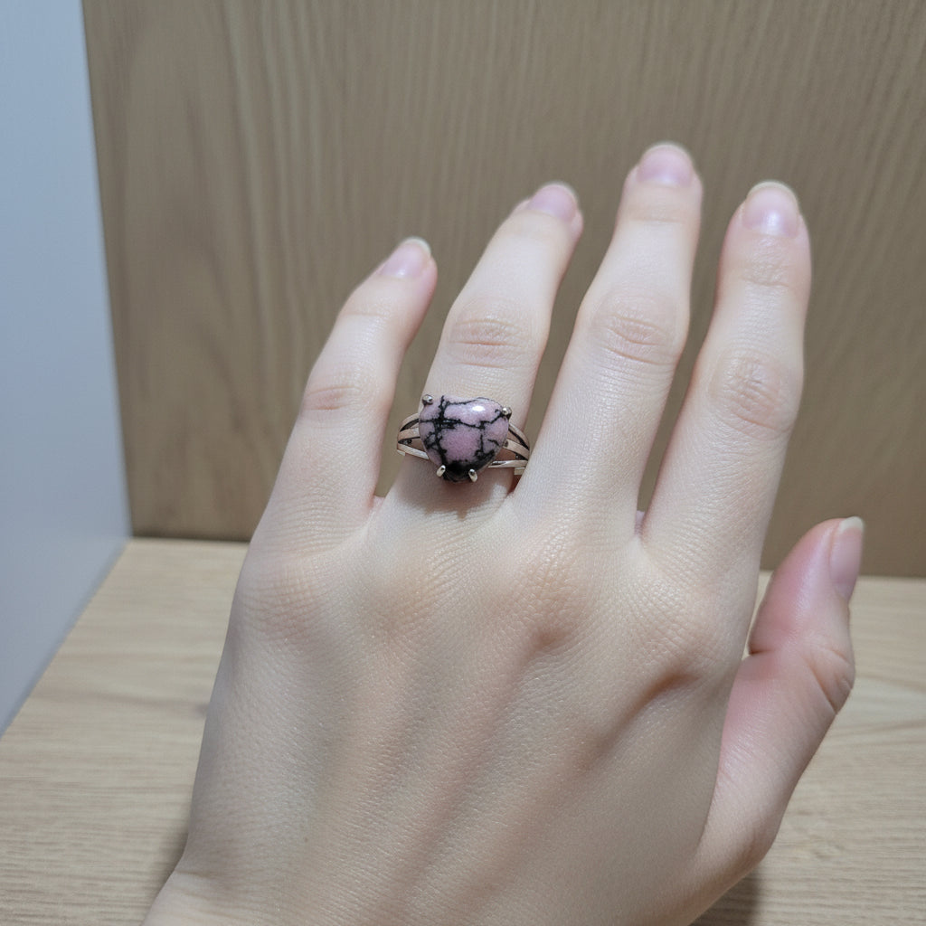 Silver-Plated Triple-Band Rhodonite Heart Ring (Adjustable)
