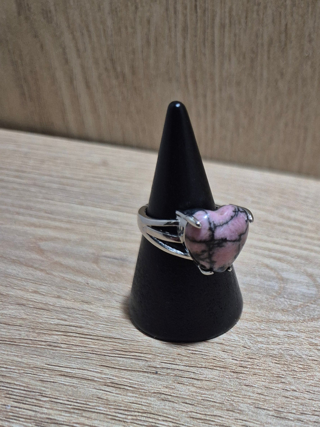 Silver-Plated Triple-Band Rhodonite Heart Ring (Adjustable)