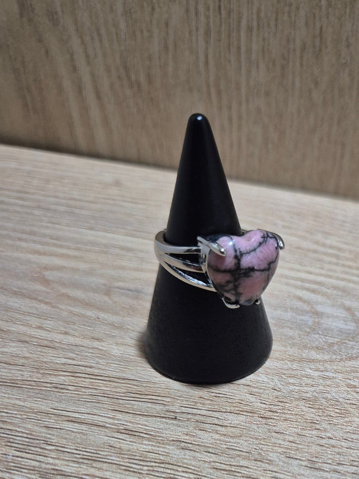 Silver-Plated Triple-Band Rhodonite Heart Ring (Adjustable)