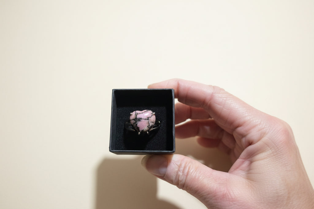 Silver-Plated Triple-Band Rhodonite Heart Ring (Adjustable)
