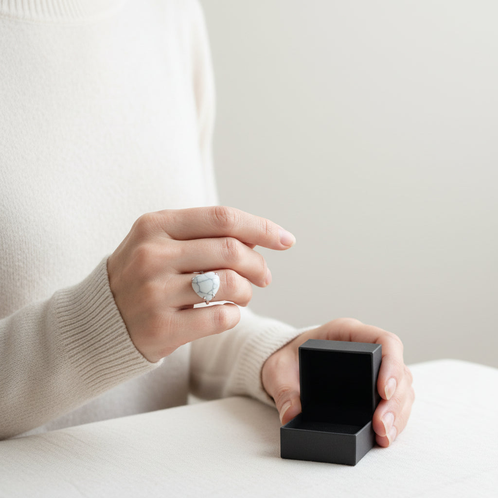 Silver-Plated Triple-Band Howlite Heart Ring (Adjustable)