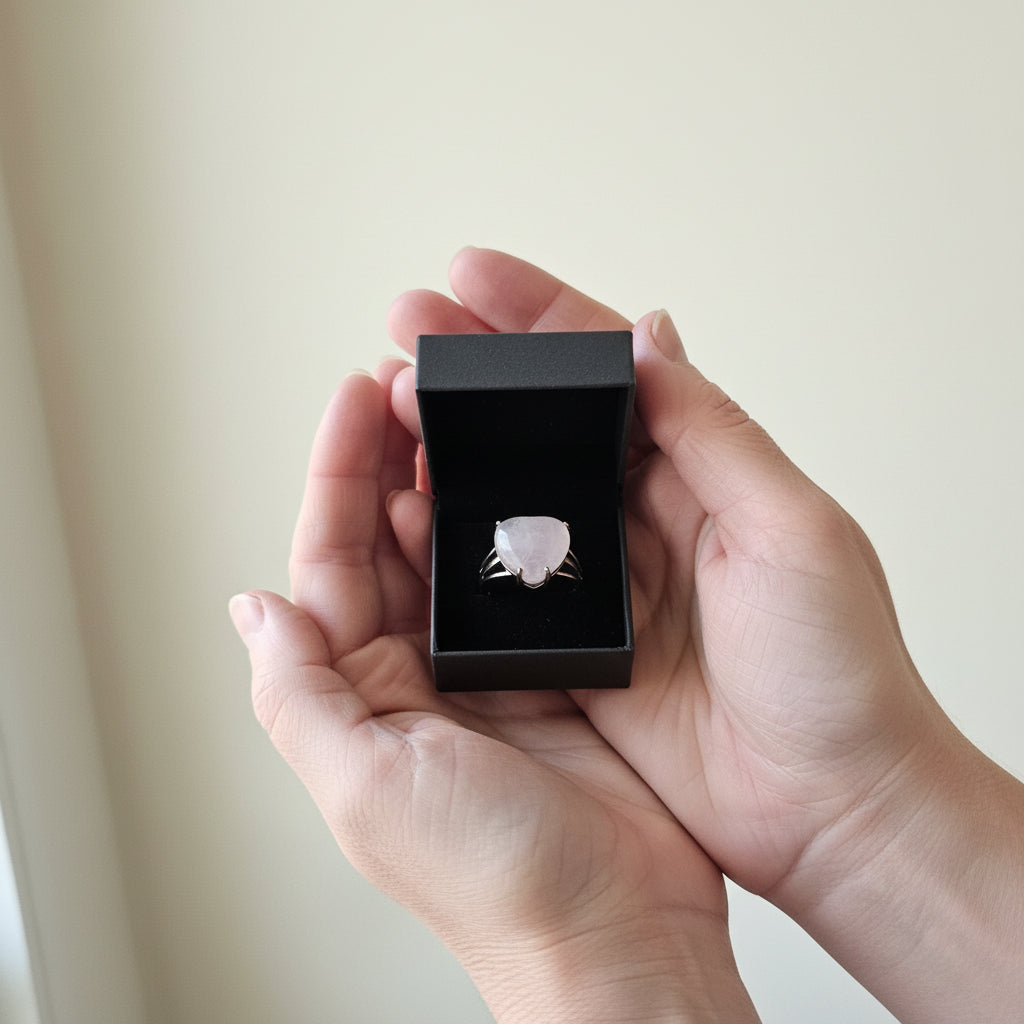 Silver-Plated Triple-Band Rose Quartz Heart Ring (Adjustable)