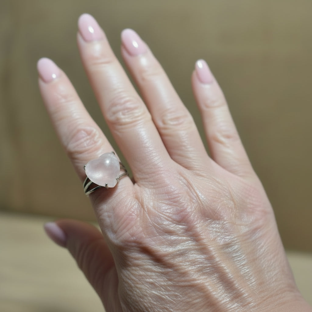 Silver-Plated Triple-Band Rose Quartz Heart Ring (Adjustable)