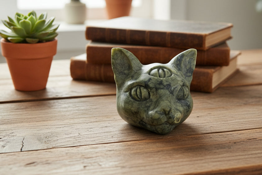 Hand Carved Serpentine Cat Head