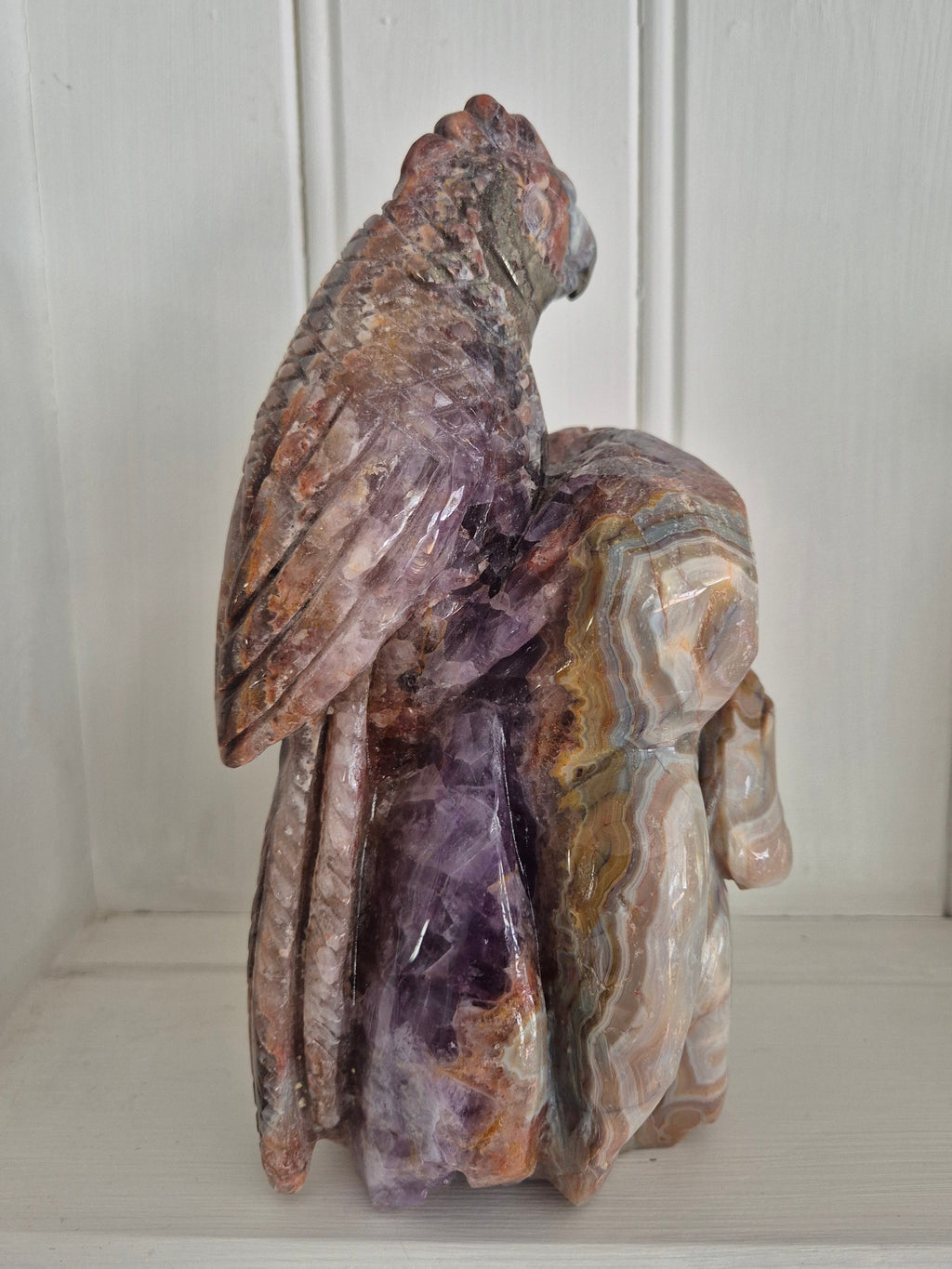 Hand Carved Dream Amethyst and Agate Parrot