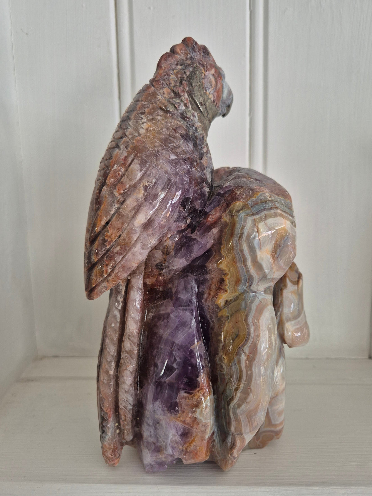 Hand Carved Dream Amethyst and Agate Parrot