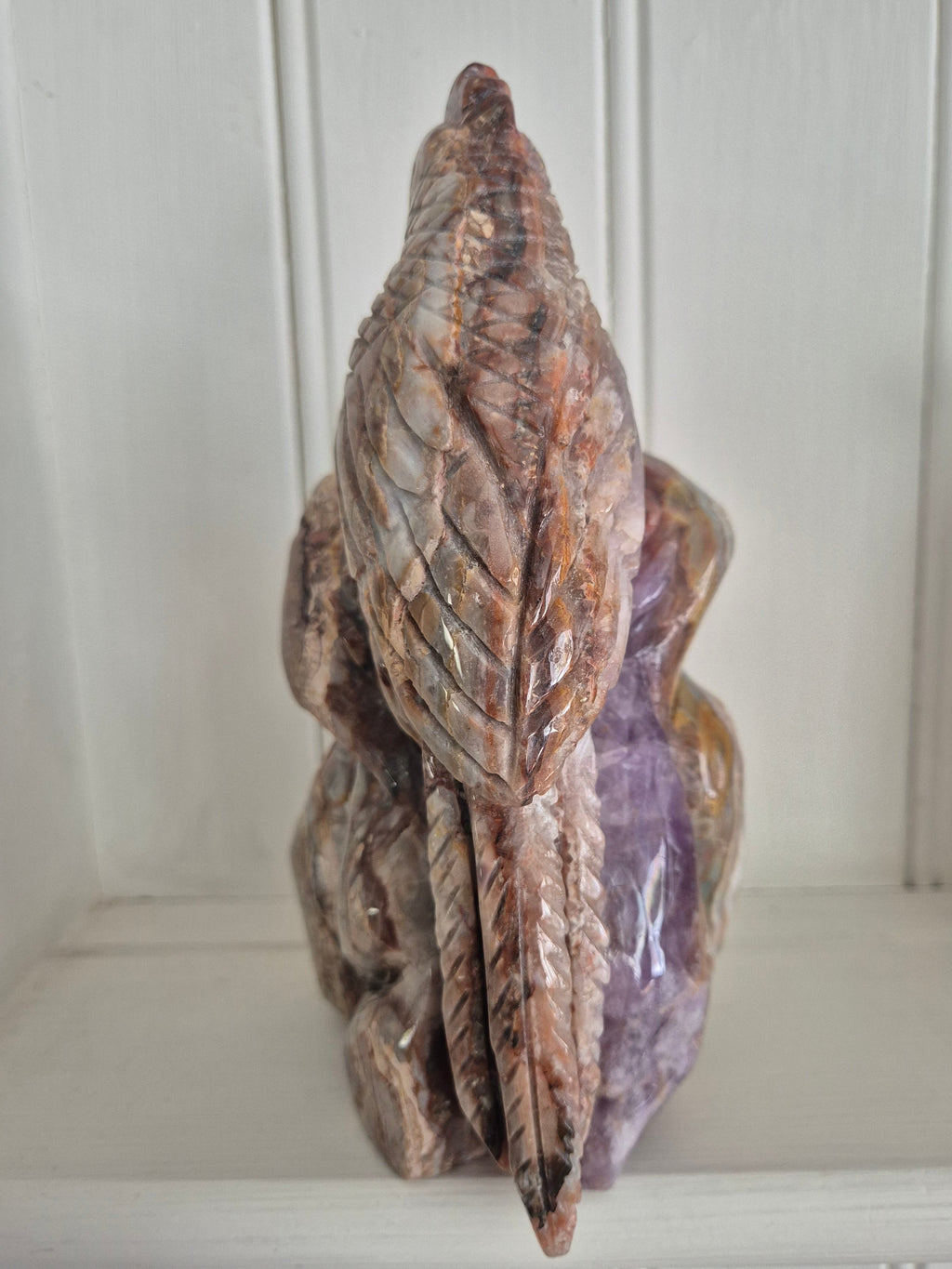 Hand Carved Dream Amethyst and Agate Parrot