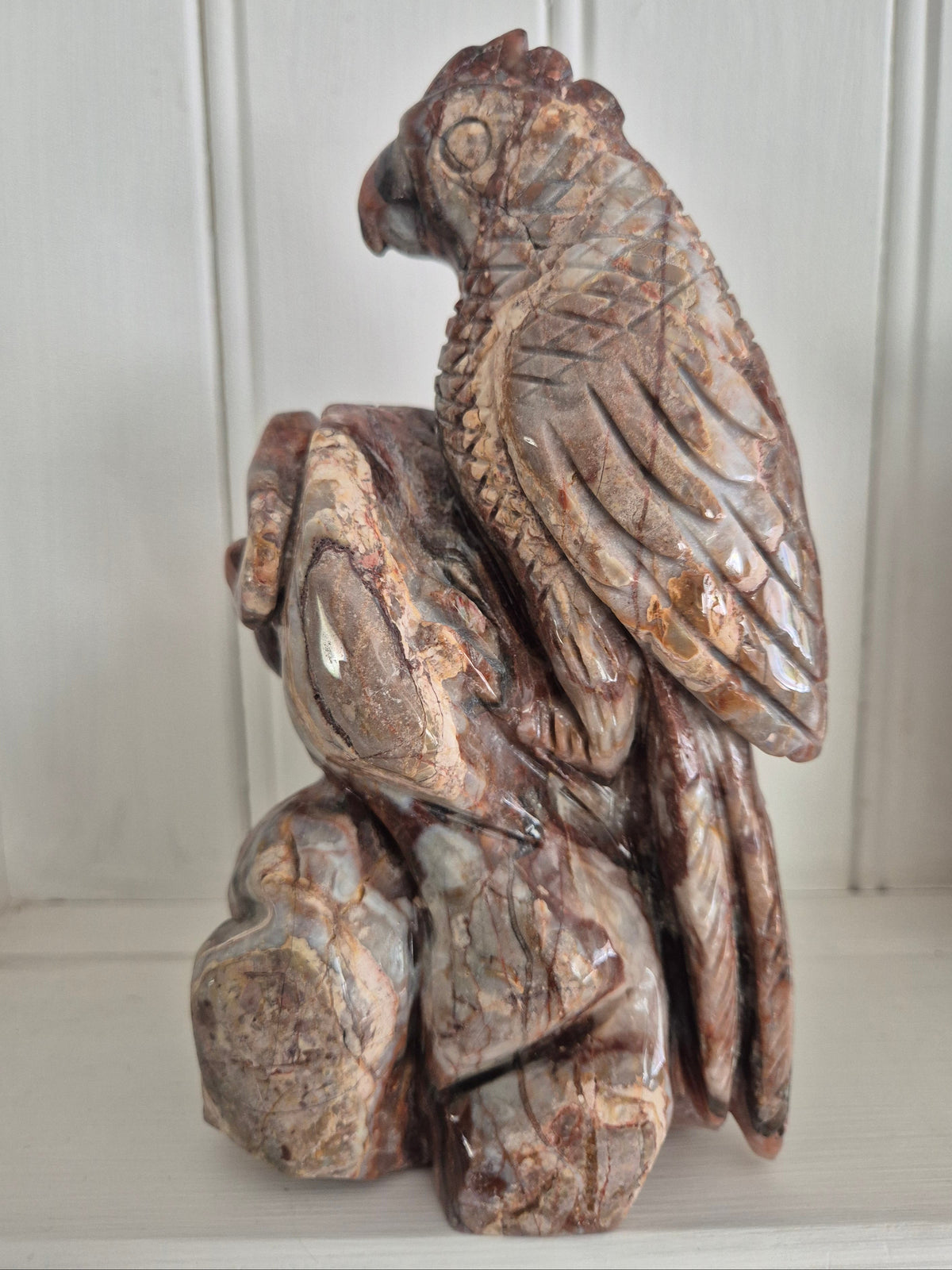 Hand Carved Dream Amethyst and Agate Parrot