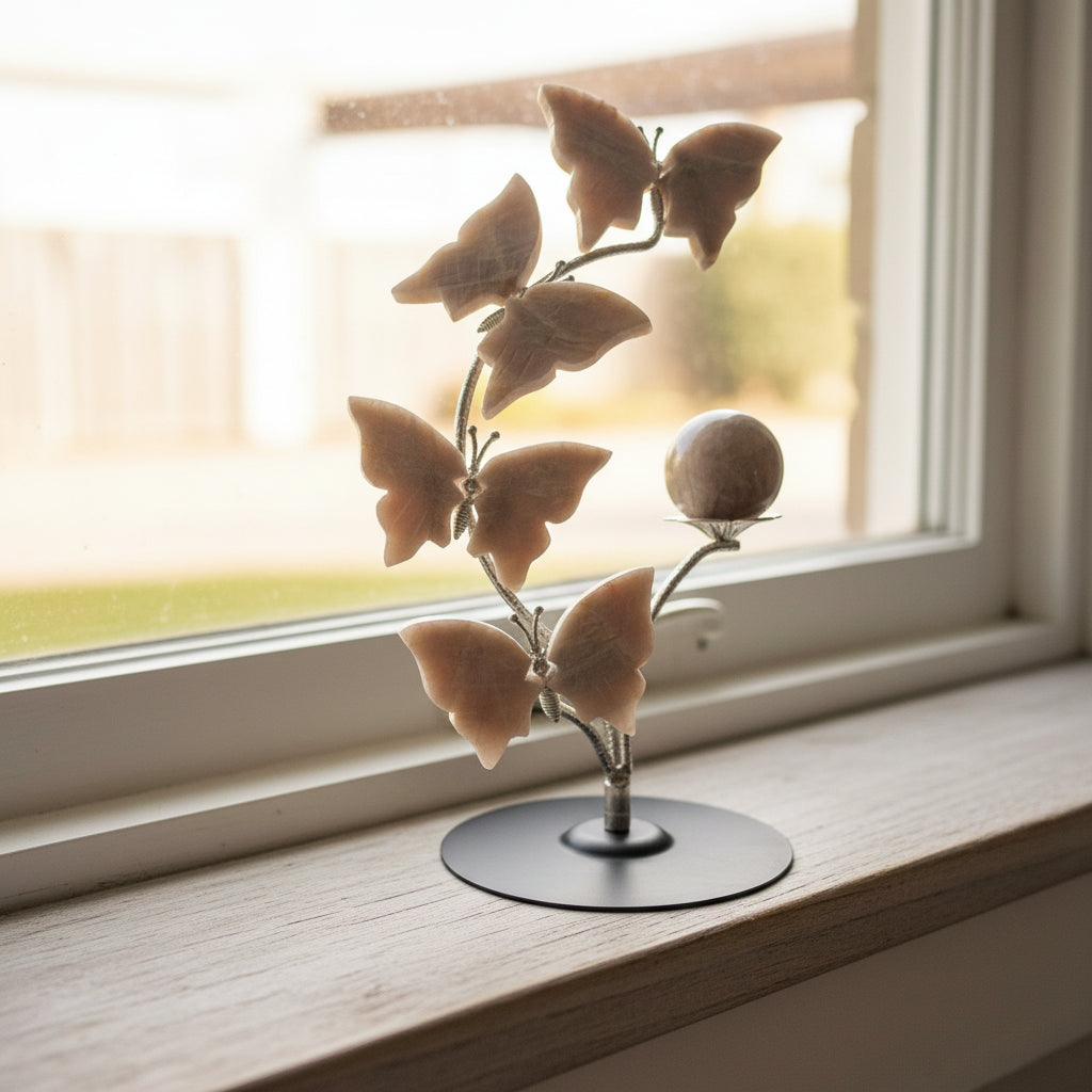 Beautiful Metal Sphere Stand with Peach Moonstone Butterflies & 3.5cm Sphere Set