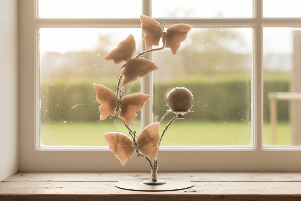 Beautiful Metal Sphere Stand with Peach Moonstone Butterflies & 3.5cm Sphere Set