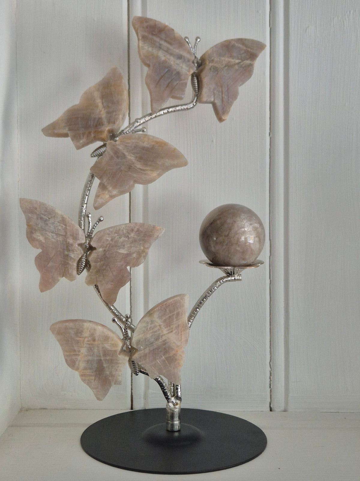 Beautiful Metal Sphere Stand with Peach Moonstone Butterflies & 3.5cm Sphere Set